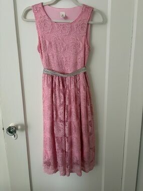Pink Lace Ribbon Waist Formal Dress for Girls